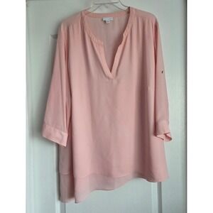J Jill Pink Asymmetric Tunic Top Roll Tab Sleeve V Neck‎ Women's 2X Lightweight